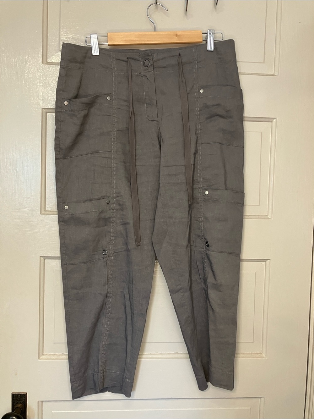Eileen Fisher Linen Gray Lightweight Ankle Cargo Pants size 10